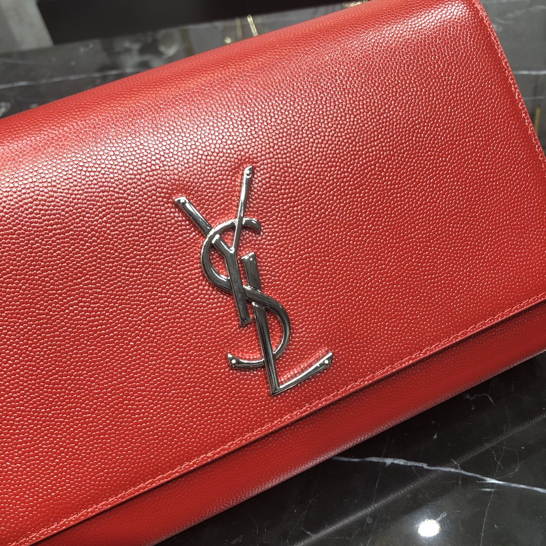 Saint Laurent Kate Medium Grain Calfskin Shoulder Bag Handbag Red 364021 Silver